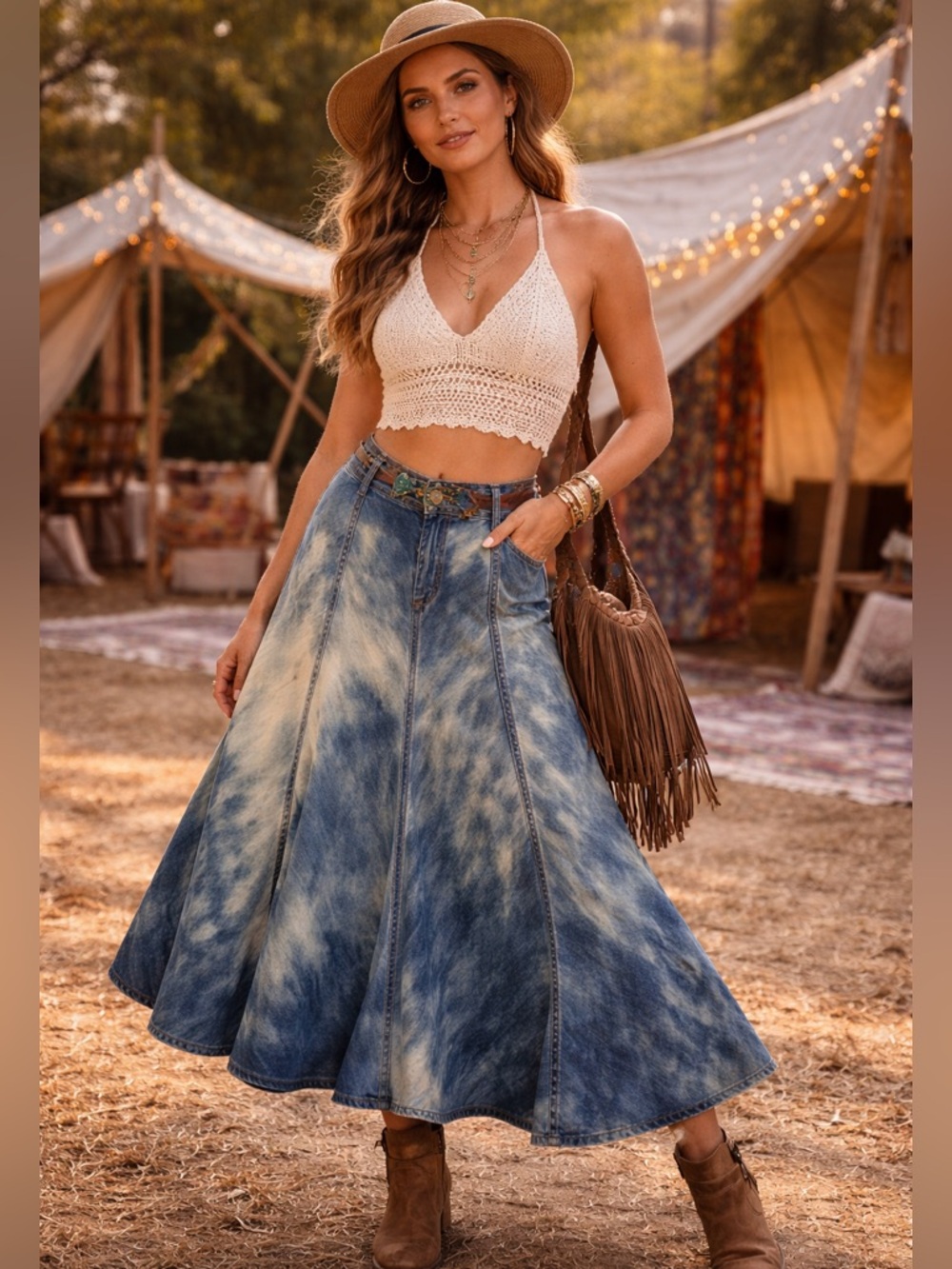 VTG Boho Tie-Dye Denim Maxi Skirt - Cream/Blue - Picture 1 of 6